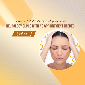 Woman holding her head in pain with text promoting a neurology clinic.