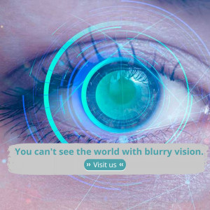 Close-up of an eye with a blurry, circular effect, representing vision problems.