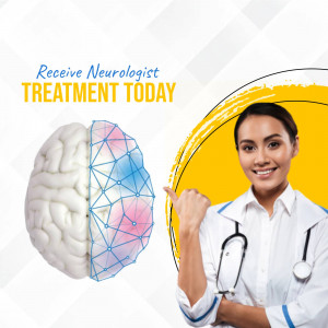 Woman doctor pointing to a brain illustration, promoting neurologist treatment.