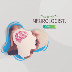 Hands holding a head silhouette with a brain inside, promoting a visit to a neurologist.