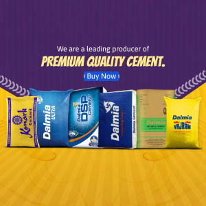 Various bags of Dalmia Cement displayed on a yellow and purple background.