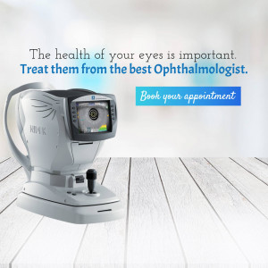 Ophthalmology equipment and text promoting eye health checkups.