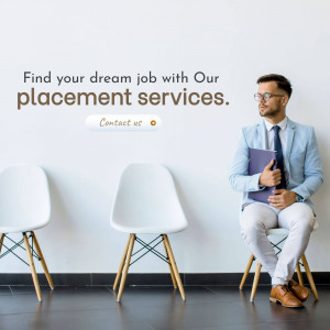 Man in a suit sitting in a waiting area with text promoting job placement services.