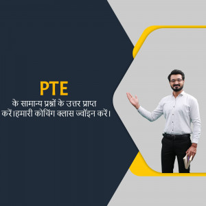 Man presenting PTE coaching services with text in Hindi
