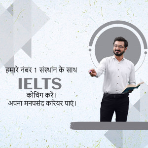 Man teaching IELTS coaching with text in Hindi promoting the service.