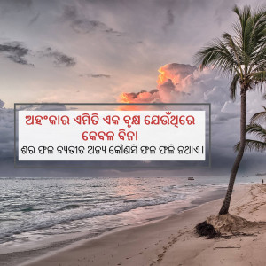 Beach scene with sunset and Odia text overlay