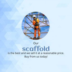 Worker on scaffolding with text promoting affordable scaffolding