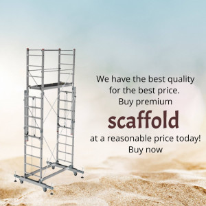 Silver scaffold tower with text advertising a sale