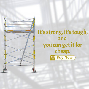 Aluminum rolling scaffold tower with wheels and a 'Buy Now' button.
