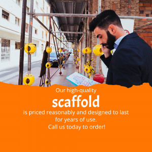 Man looking at blueprints with scaffolding and advertising text.