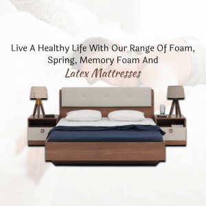 Bedroom scene featuring a bed with foam, spring, memory foam, and latex mattresses.