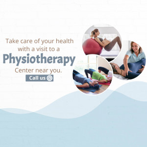Image promoting physiotherapy services with people exercising and receiving treatment.