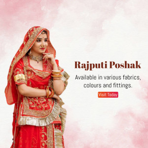 A woman wearing a traditional Rajputi Poshak, a vibrant red and gold Indian outfit.