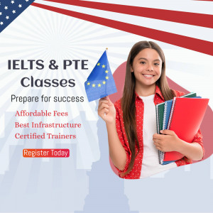 Young woman holding an EU flag and books, promoting IELTS and PTE classes.