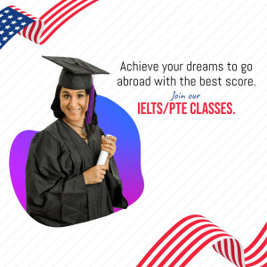 A graduate smiling and holding a diploma with text promoting IELTS/PTE classes for studying abroad.