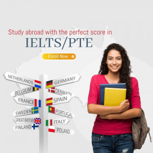 A young woman holding books in front of a world map with country flags, promoting IELTS/PTE preparation for studying abroad.