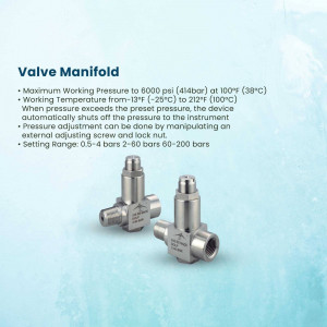 Two silver valve manifolds against a light blue gradient background with technical specifications.