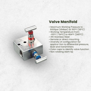 Silver valve manifold with blue and red handles, industrial equipment