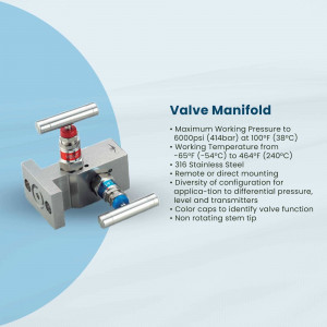 Silver valve manifold with blue accents on a light blue background