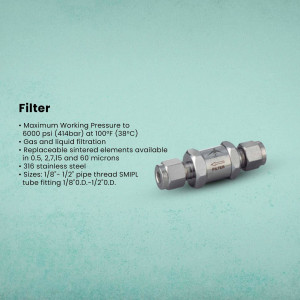 Close-up of a stainless steel filter with specifications