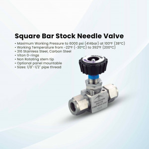 Close-up of a stainless steel needle valve with black handle and blue seal.