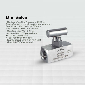 Close-up of a stainless steel mini valve with specifications listed.