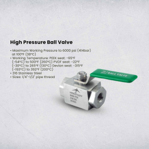 Silver high pressure ball valve with green handle and technical specifications