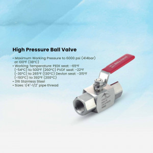 Silver and red high pressure ball valve with technical specifications