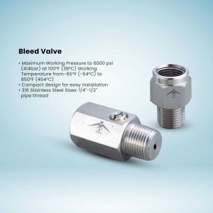 Close-up of a stainless steel bleed valve with technical specifications.