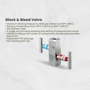 Stainless steel block and bleed valve with technical details
