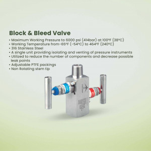 Silver block and bleed valve with blue and red caps against a light green background