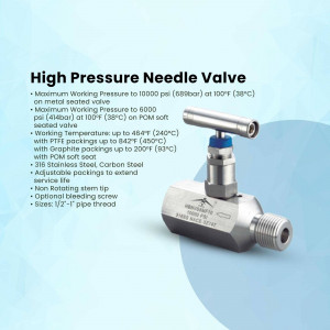 Silver high pressure needle valve with blue handle on a light blue background