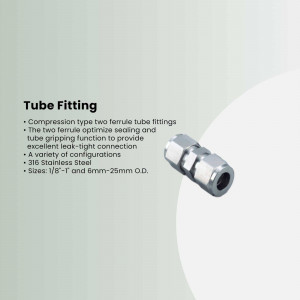 Close-up of a stainless steel tube fitting with text description