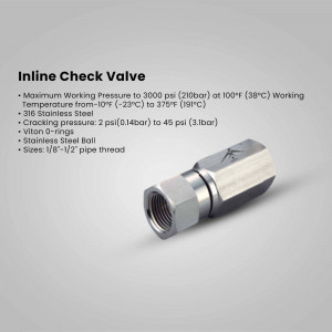 Silver inline check valve with threaded connections against a gray background.