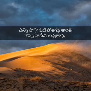 Golden sand dunes under a stormy, cloudy sky with text overlay in Telugu.