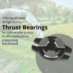 Close-up of thrust bearings with a background of a tropical landscape and text advertising affordable prices.
