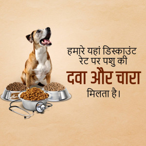 Dog with bowls of pet food and medical supplies, advertising a discount on pet care products.