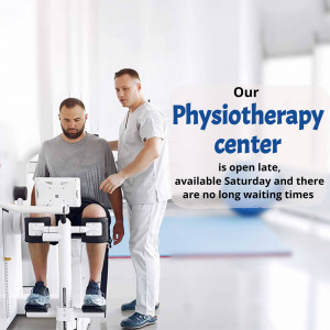 Physiotherapist assisting a patient with leg exercise equipment in a modern clinic.