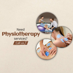 Image promoting physiotherapy services with a person receiving treatment and details on how to call for assistance.