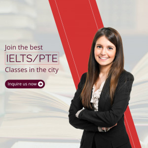Woman smiling and promoting IELTS/PTE classes