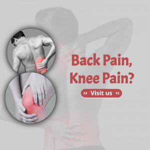Image depicting a person experiencing back and knee pain, with a call to action to visit a healthcare provider.