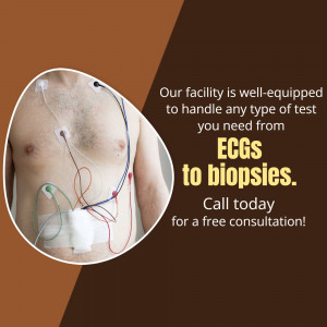 Patient undergoing ECG testing with text promoting medical facility services.