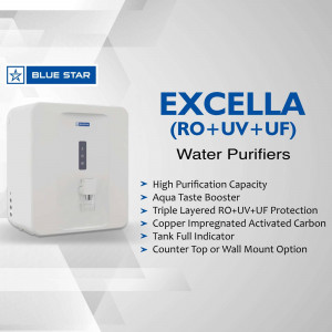 Blue Star Excella RO+UV+UF Water Purifier with features listed