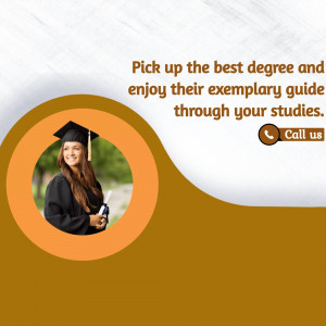 A graduate student with a graduation cap and scroll, promoting degree guidance.