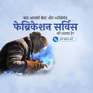 Welder working with sparks flying, advertising fabrication services.