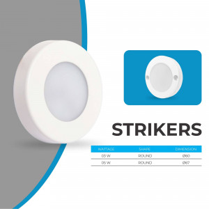 Close-up of a white round LED recessed ceiling light with specifications.