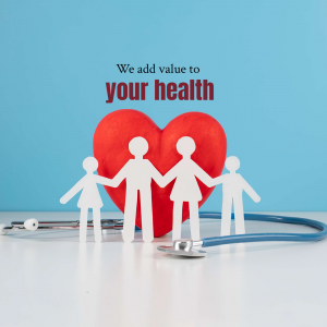 Paper family figures holding hands around a red heart with medical tools