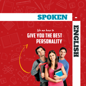 Image promoting Spoken English classes with students and school supplies.