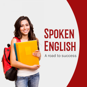 Young woman with books promoting Spoken English classes