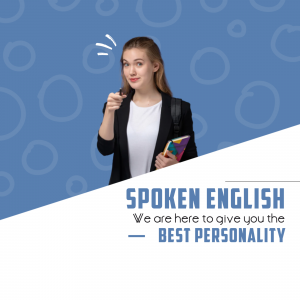 Young woman pointing forward with books, promoting spoken English classes.